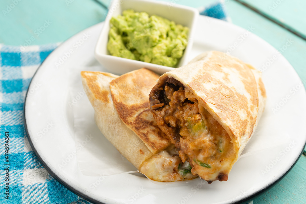 Picadillo burrito with beans and cheese. Mexican food