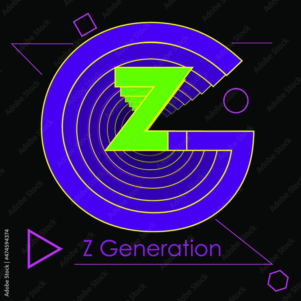 Generation z lettering logo on dark background with geometric shapes - obrazy, fototapety, plakaty 