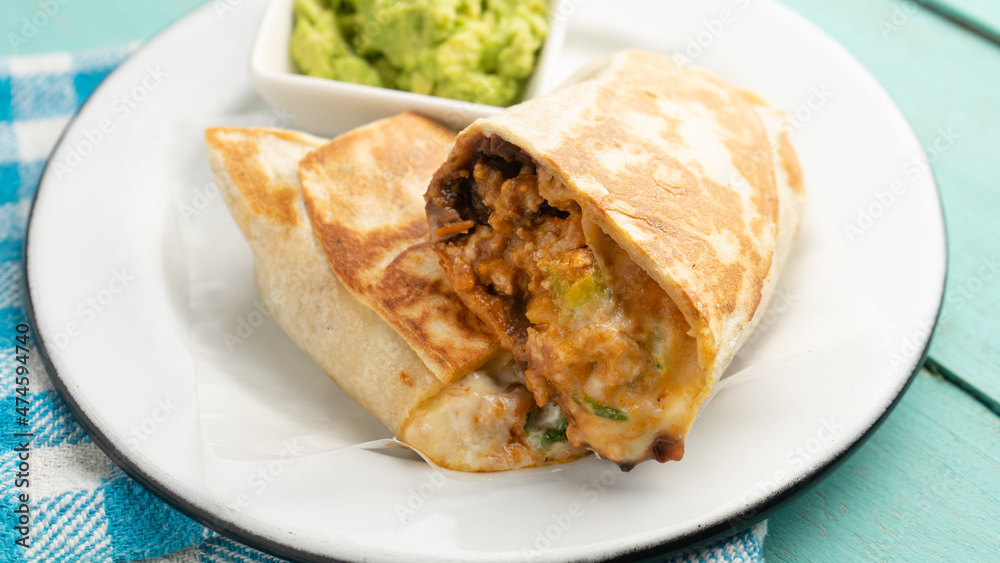 Picadillo burrito with beans and cheese. Mexican food