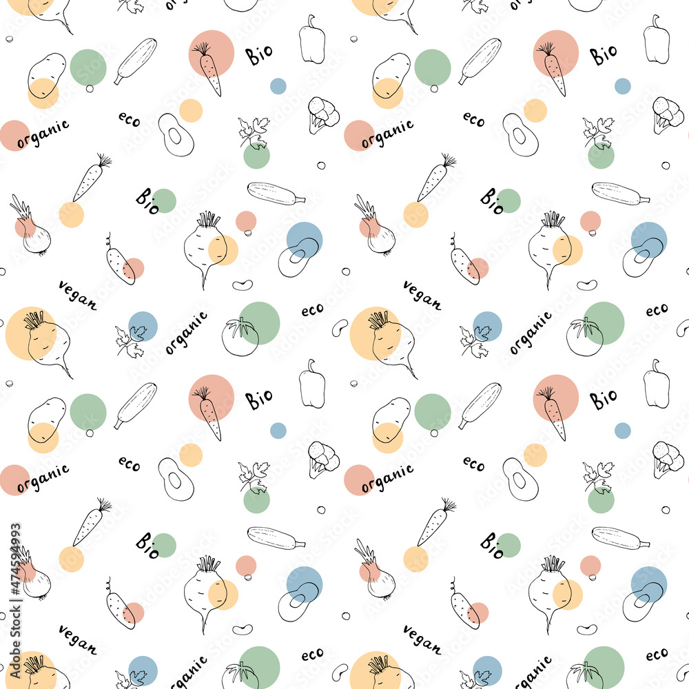 Vegetables seamless pattern. Vegetarian healthy bio food background, Vegan organic eco products pepper, tomato, cucumber, carrot, potato, avocado, beans and peas. Vector illustration Vegetables seamless pattern. Vegetarian healthy bio food background, Vegan organic eco products pepper, tomato, cucumber, carrot, potato, avocado, beans and peas. Vector illustration
