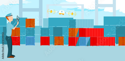 Drones for security. Security guards force drones to inspect and maintain container yard. Technology for security. Flat design vector illustration.