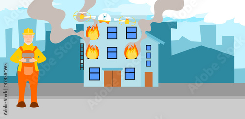 Drones to rescue and support fire fighting. Firemen force drones to plan fire fighting and search for victims. Flat design vector illustration