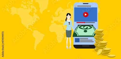Earn money from online media and social media. Vector illustration. Young women are using smartphones to earn money from around the world. Freelance occupation of young people