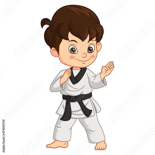 Cartoon little boy practicing karate