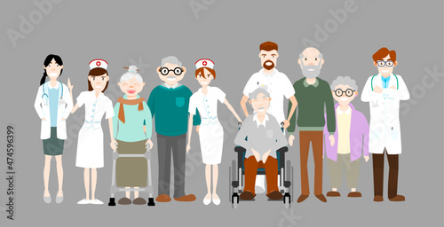 Doctor and nurse caring for elderly group. Flat design vector illustration. Elderly society concept. Health and medicine.