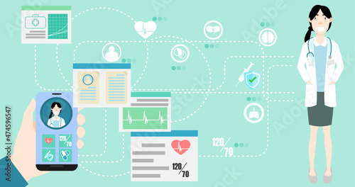 Patients use smartphones to associate with doctors using health care apps. Online medical and health consultation concept