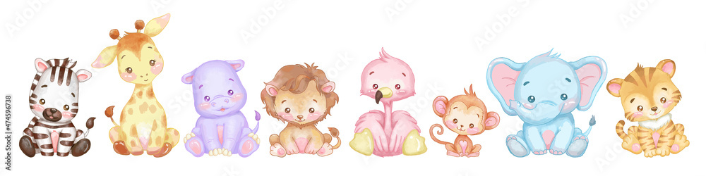 Set of jungle animals. Cute cartoon with vector illustration. Stock Vector  | Adobe Stock