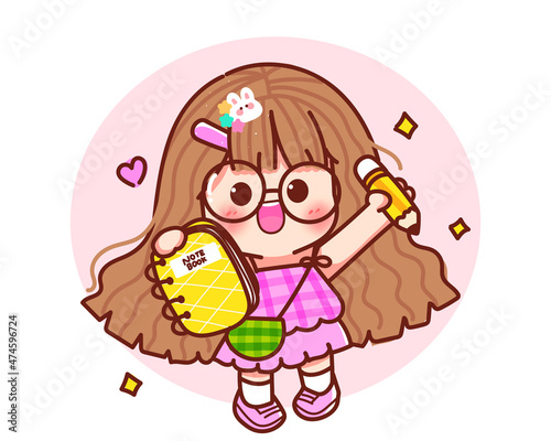 Girl holds notebook and pencil education stationery elementary concept cartoon hand drawn cartoon art illustration