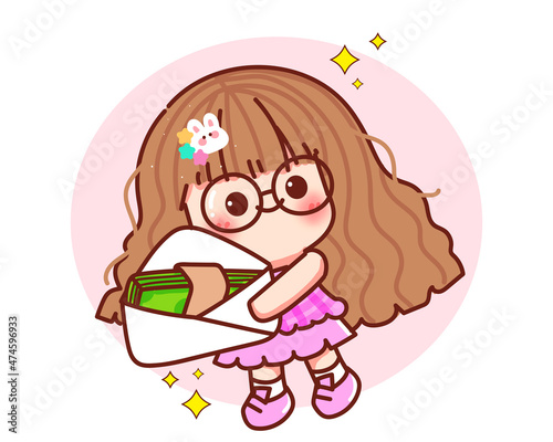 Cute girl holding cash or money cartoon hand drawn cartoon art illustration