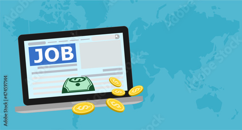 Make money by online career. concept freelance works online online all over the world. Laptops that release money on the background of the world map.