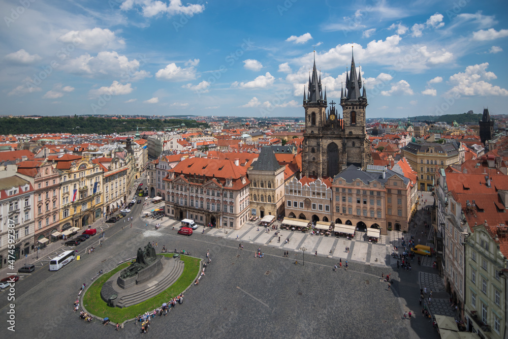 Fototapeta premium Prague, Czech Republic, June 2019 - broad view of the Old Town Square from a viewpoint at Prague's Old Town Hall