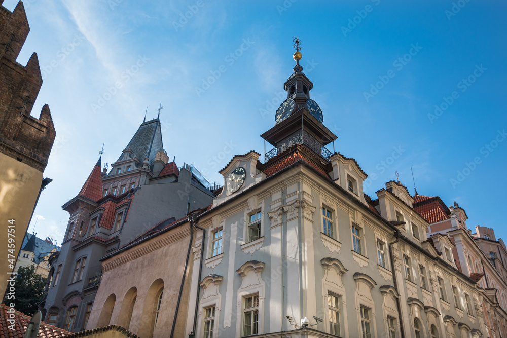 Fototapeta premium View of the clock tower at the High Synagogue - Prague, Czech Republic