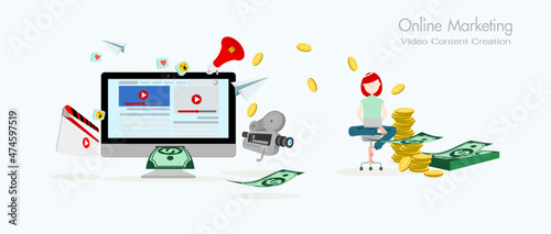 online marketing Video content creation.vector illustration. Online advertising.Young people make money creating content videos.