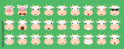 Set of cute cartoon cow emoji isolated on white background. Vector Illustration.