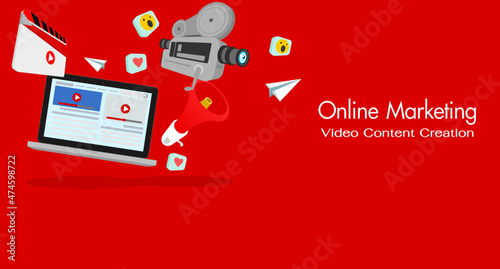 online marketing Video content creation. 3D vector illustration. Online advertising.3D objects on a red background photo