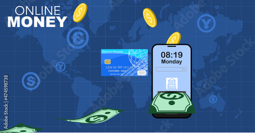 Online money. The concept of managing finances with an online system through a banking app on a smartphone anywhere in the world. Vector illustration.