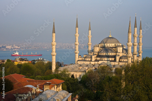 Sultanahmet Camii (Blue Mosque) and freighter in Sea of Marmara, Istanbul, Turkey