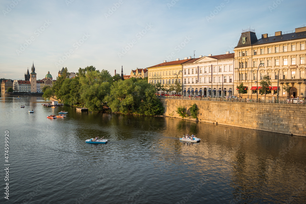 Prague, Czech Republic, June 2019 - beautiful sunset view of Prague by the Vltava River