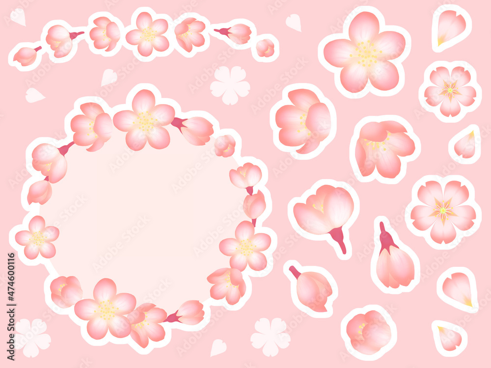 ピンクの桜のフレームと桜のラベルセット