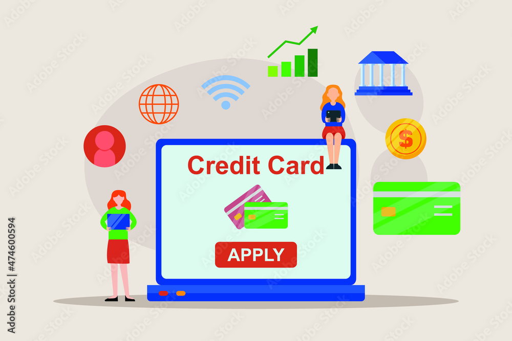 Credit card vector concept. Two young women using a laptop to applying credit card with money background Credit card vector concept. Two young women using a laptop to applying credit card with money background