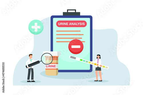 Urinalysis vector concept. Two doctors examining urine sample for urinalysis while using a magnifying glass