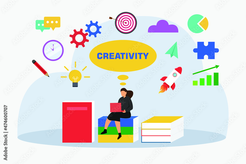 Creativity vector concept. Young woman using a laptop while sitting on piles of book with creativity word background Creativity vector concept. Young woman using a laptop while sitting on piles of book with creativity word background