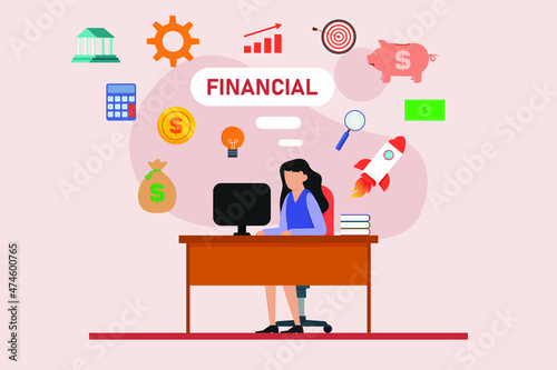 Financial vector concept. Businesswoman working with a computer while sitting with financial word background
