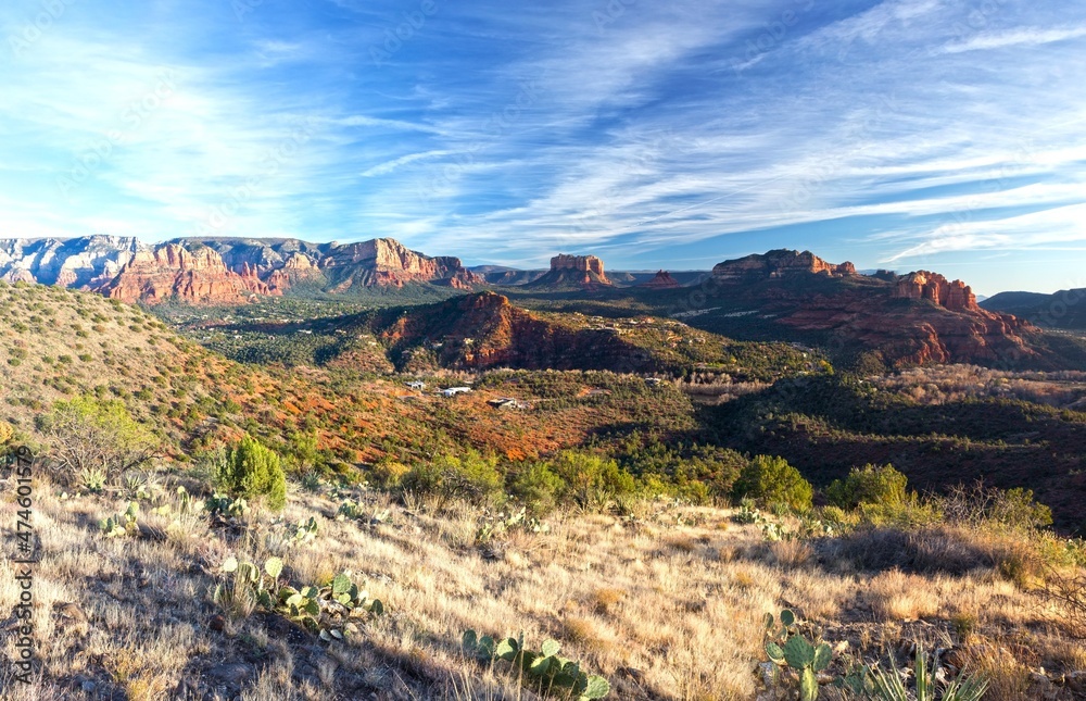 Scenic Aerial Desert Landscape Panorama and Red Rock Mountain Peaks with Blue Skyline on a Sunny Winter Day in Sedona Arizona, Southwest USA