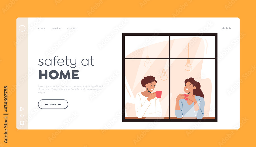 Safety at Home Landing Page Template. Young Women Looking Through the Window of Home Drinking Coffee or Tea