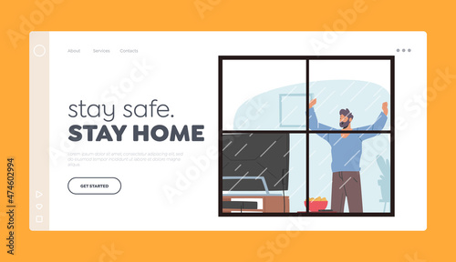 Stay Home Landing Page Template. Relaxed Male Character Stretching Body in Living Room with Tv Set and Furniture