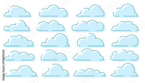 Cloud blue silhouette set. Cartoon clear weather symbol game app widget website interface. Meteorology wallpaper splash element cloudless. Blank form nodding shape postcard book advertising isolated