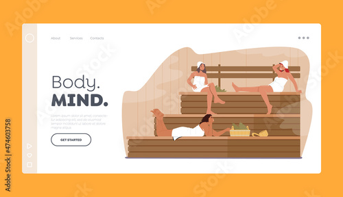 Sauna Procedure Relaxation, Body Care Landing Page Template. People Wellness, Hygiene. Happy Women in Steam Room