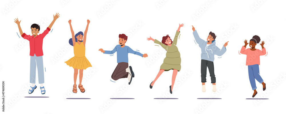 Happy Kids Stand in Row Dancing and Jumping Isolated on White Background. Little Children Rejoice, Summer Time Vacation