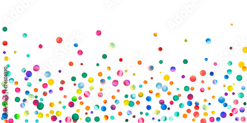 Watercolor confetti on white background. Adorable rainbow colored dots. Happy celebration wide colorful bright card. Perfect hand painted confetti.