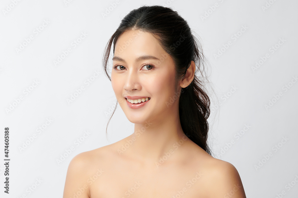 Beautiful young asian woman with clean fresh skin on white background, Face care, Facial treatment, Cosmetology, beauty and spa, Asian women portrait.
