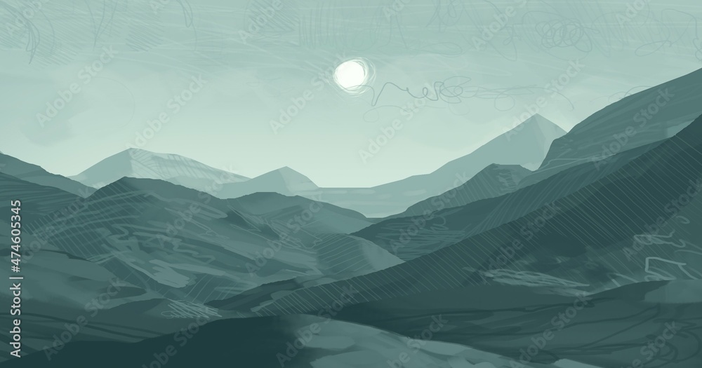Empty winter rural landscape illustration. Alien world space art. - obrazy, fototapety, plakaty 