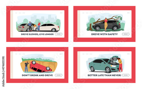 People in Car Accident on Road Landing Page Template. Driver Characters Stand on Roadside with Broken Automobile