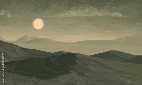 Empty rural landscape illustration. Alien world space art.