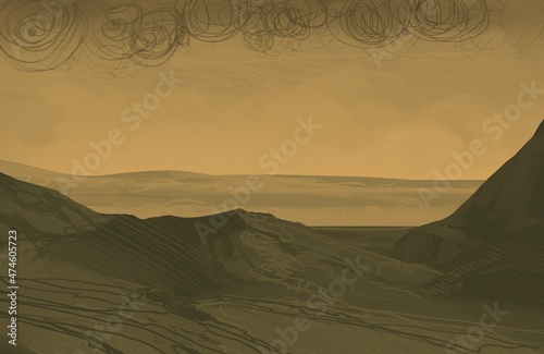 Empty rural landscape illustration. Alien world space art.