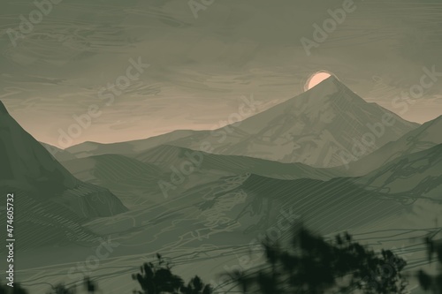 Fototapeta Empty rural landscape illustration. Alien world space art.