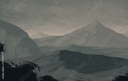 Fototapeta Empty rural landscape illustration. Alien world space art.