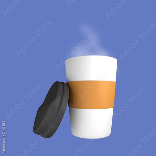 3d cartoon smoky hot coffee, chocolate, tea paper cup isolated on blue background, smoky hot coffee paper cup. 3d rendering illustration