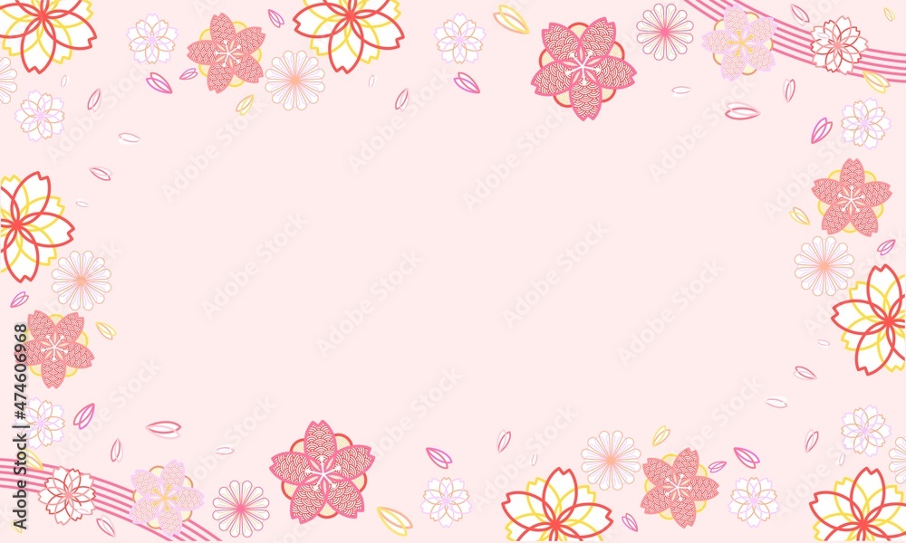 シンプルでお洒落な春の和柄風桜壁紙フレーム素材（ピンク）　Simple spring flowers pink background