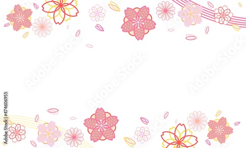 シンプルでお洒落な春の和柄風桜壁紙フレーム素材（白） Simple spring flowers white background