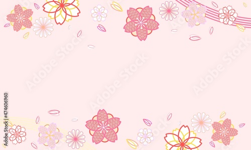 シンプルでお洒落な春の和柄風桜壁紙フレーム素材（ピンク） Simple spring flowers pink background