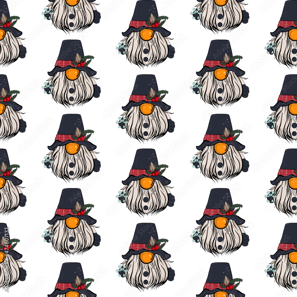 Seamless pattern illustration of a gnome with a beard in a hat. New year and christmas symbol on white isolated background. High quality illustration