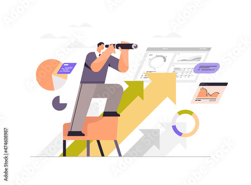 businessman looking through binocular business vision successful strategy direction concept horizontal cartoon