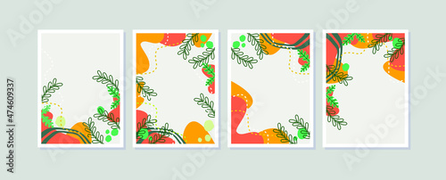 Set of 4 poster frame for wall art of interiors. Modern vector of Nature illustration. Abstract silhouettes tropical leaves. Minimalist geometric shapes of floral ornament