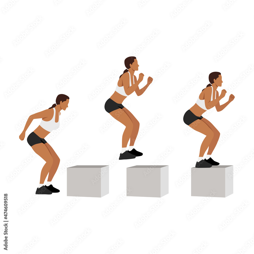 Fototapeta premium Woman doing High box jump exercise. Flat vector illustration isolated on white background