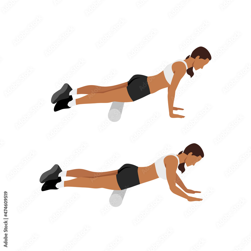 Woman doing Foam roller quadriceps stretch exercise. Flat vector illustration isolated on white background Woman doing Foam roller quadriceps stretch exercise. Flat vector illustration isolated on white background